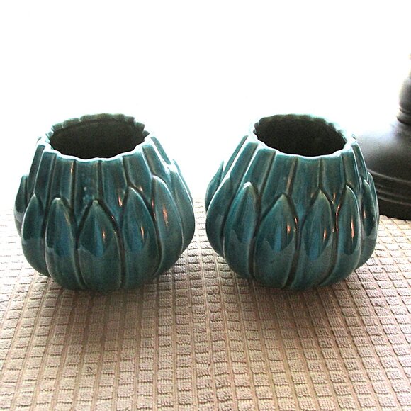 Two Teal Ceramic Vases or Planters - Picture 1 of 5